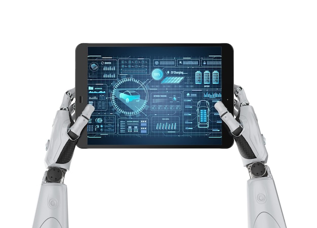autonomous car maintenance with engineer robot hold digital tablet with electric car user interface
