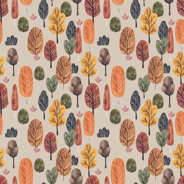 Autumn forest in hand drawn cartoon style Watercolor seamless pattern