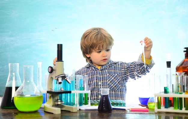 Back to school and happy time kid is learning in class on background of blackboard what is taught in...