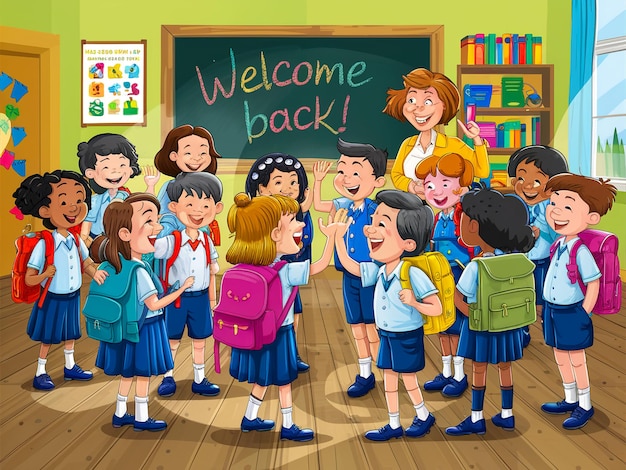Back to school illustration back to school day a rainy and rainbow day