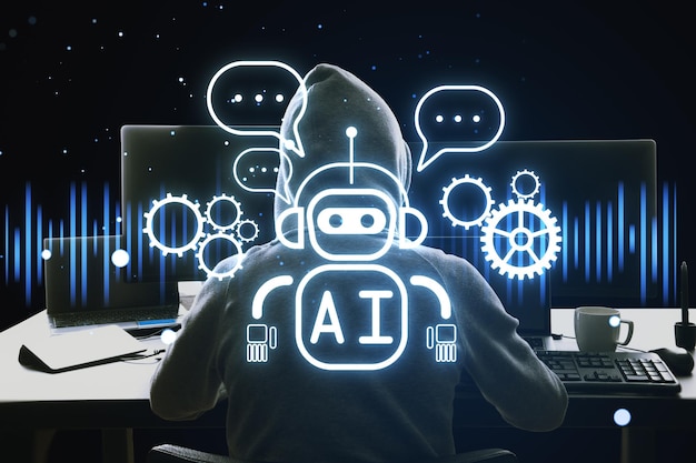 Back view of hacker using computers at desk with glowing robot ai hologram on dark background Automated machine learning hacking and artificial intelligence and conversation assistant concept