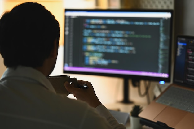 Back view of male software developers programming on desktop computer at night