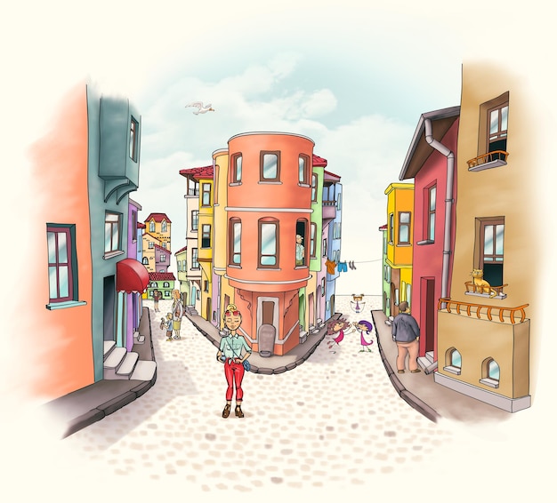 balat turkey istanbul historical places ancient city tourist cartoon
