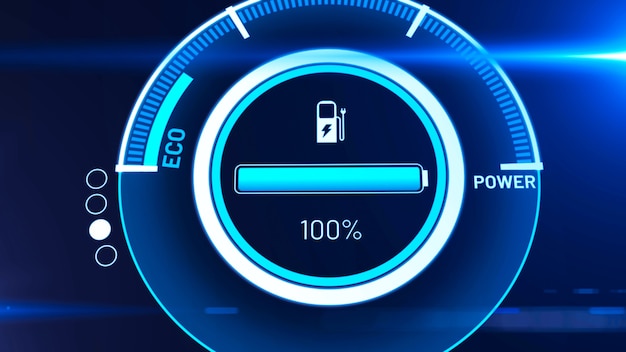 Batteri til elbil i aktiv opladning på et visionært dashboard