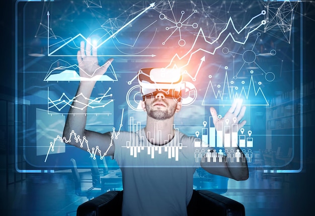 Bearded guy in VR glasses and blue holograms