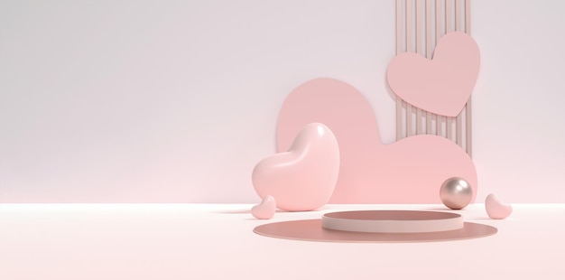 Beautiful 3D Rendering of Valentine's Day Concept Romantic Greeting Card Product and Podium Display Design with Hearts Love and Sentiment