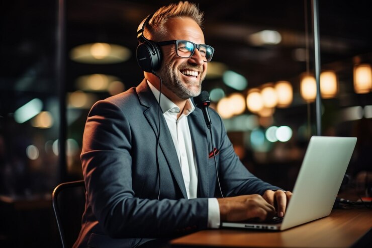 Foto beautiful happy young female radio host broadcasting in studio using computer and headphones