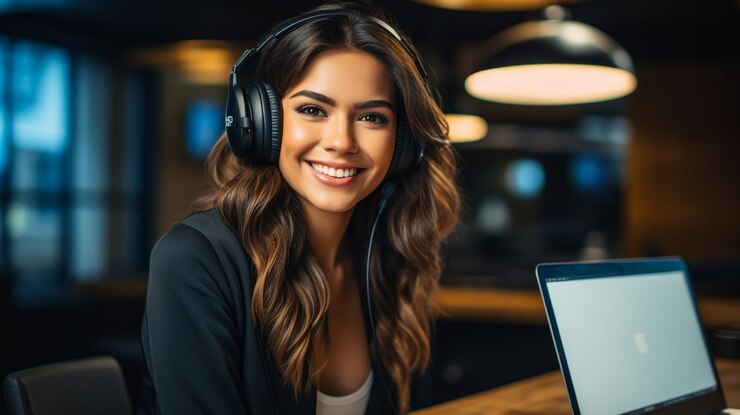 Foto beautiful happy young female radio host broadcasting in studio using computer and headphones