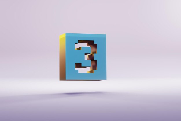 Beautiful illustration blue Pixel number 3 symbol icons on a bright pink background 3d rendering i