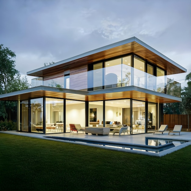 Beautiful modern farmhouse style luxury home exterior at twilight generated ai
