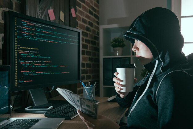 beautiful programmer hacker drinking hot coffee relaxing and holding cash banknote ransom looking at computer screen supervising online virus spread.