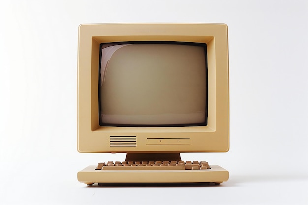 Beige monitor from the early days of personal computers centered on a white background with high re