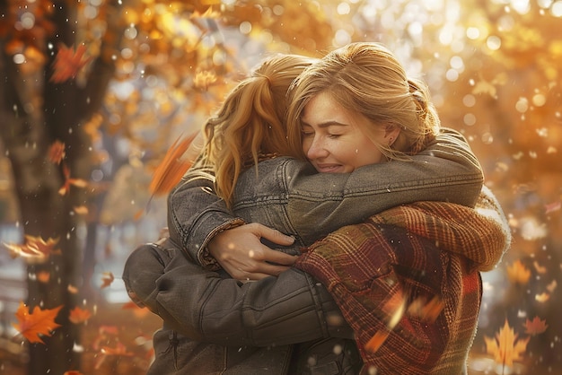 best friends embracing in colorful autumn park