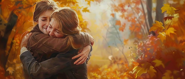 best friends embracing in colorful autumn park