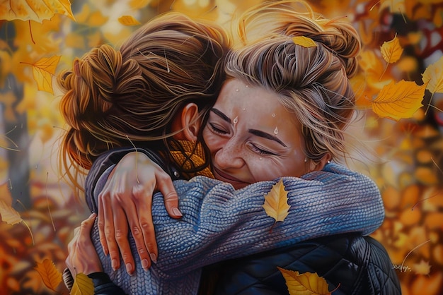 best friends embracing in colorful autumn park