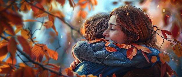 best friends embracing in colorful autumn park