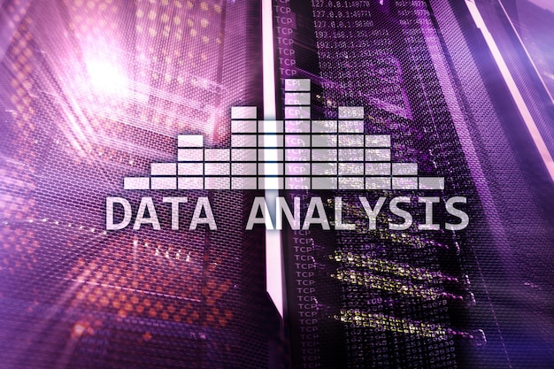 Big Data analysis text on server room background Internet and modern technology concept