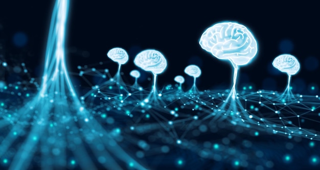 Big data cloud computer ved hjælp af Ai Brain netværk system. Supercomputer, Neuralt netværk, Kunstig intelligens forskning, Machine learning Concept. 3D-gengivelse.