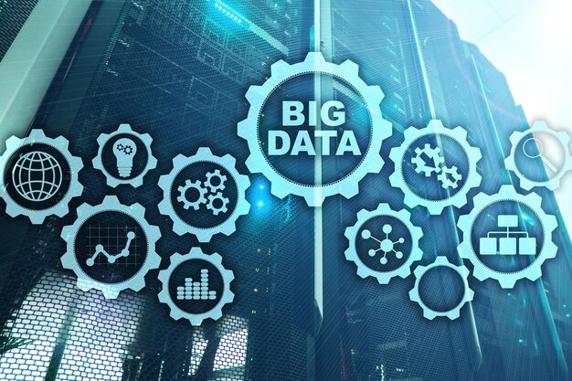 Big Data koncept om højteknologi og innovation inden for erhverv og produktion Virtuel skærm på datacenter server baggrund