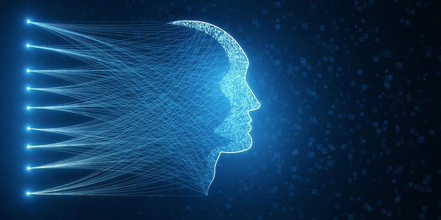 Big data, maskinlæring og kunstig intelligens-koncept i form af en skitse af et menneskeansigt lavet af neuralt netværksflow på en mørkeblå teknologisk baggrund 3D-rendering