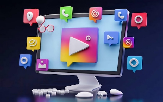 Big monitor screen with various social media Icons displayed on it