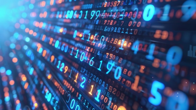 binary code blue and orange glowing numbers technology background