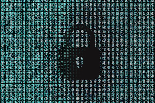Binary data code background with locked padlock icon Online security