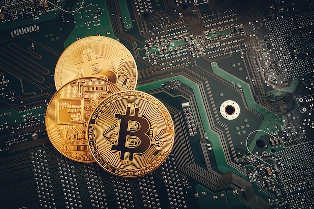 bit coins on the background of a computer microcircuit