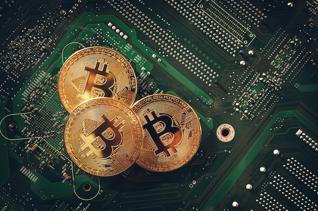 bit coins on the background of a computer microcircuit