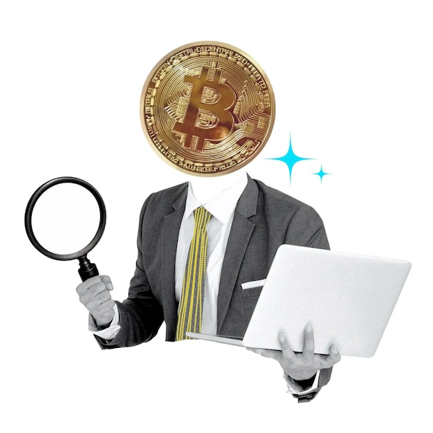 Bitcoin head businessman png sticker investor remix on transparent background