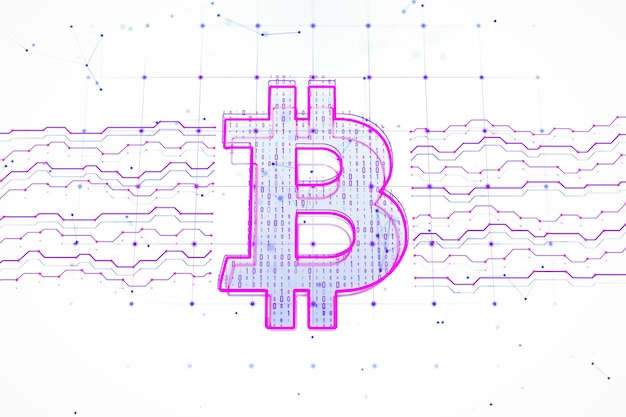 Bitcoin hologram with circuit lines on digital white background 3D Rendering