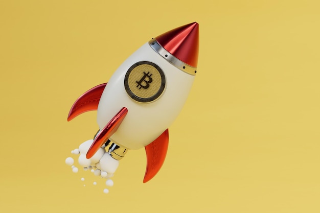 Bitcoin logo rocket launcher cryptocurrency concept rocket with bitcoin on a yellow background 3d render