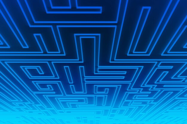Blå geometrisk bakgrund med neonlabyrint