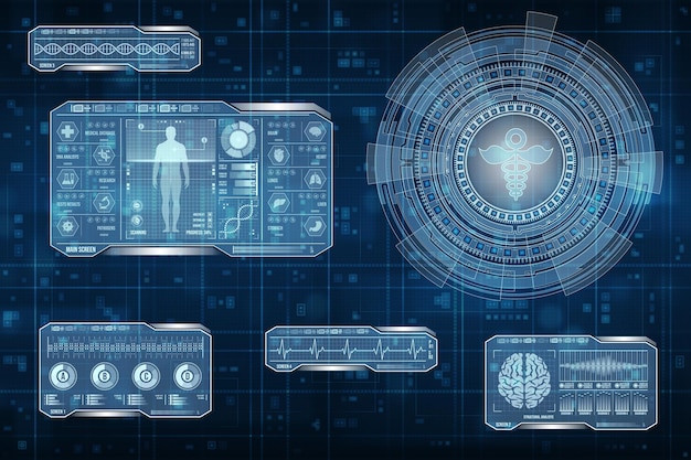 Blå og hvid futuristisk baggrund med medicinske symboler