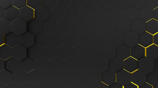 Black abstract background hexagon pattern with light rays. 