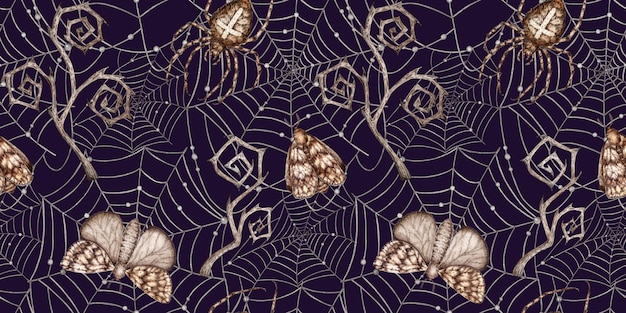 Black cobweb with beads spider and butterflies pattern on blue background watercolor illustration
