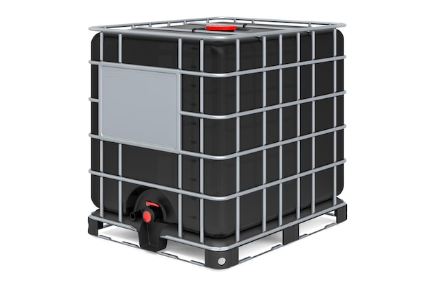 Black Intermediate Bulk Container Tank with metallic skeleton and plastic pallet 3D rendering
