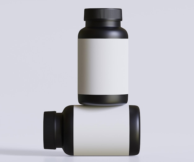 Black pill bottle white label for mockup collection illustration 3D rendering Perfect for medical