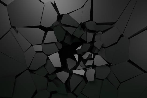 black rock wall cracked or damage black background 3d render