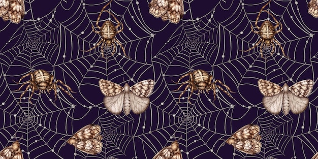 Black spider web with beads spider and butterflies for halloween watercolor illustration arachnids