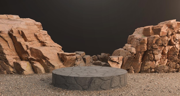 Black Stone round podium shot for luxury products displays with Red Rock Canyon Landscape for produc