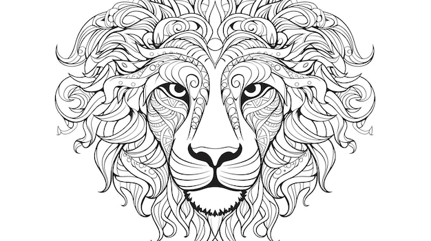 black white Ethnic patterned ornate hand drawn head of Lion on white background ar 169