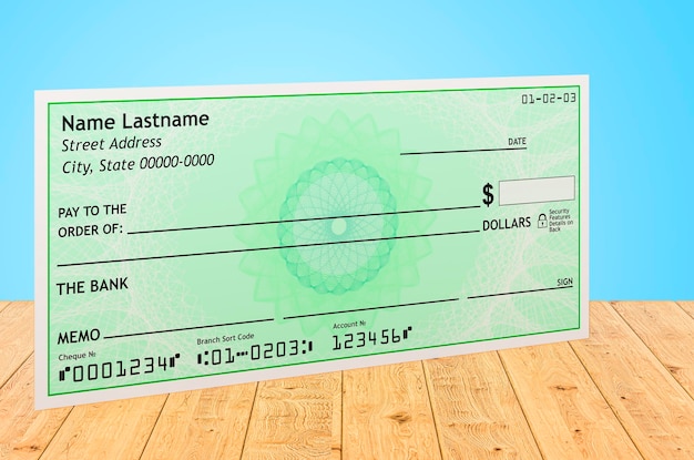 Blank bank check on the wooden table 3D rendering