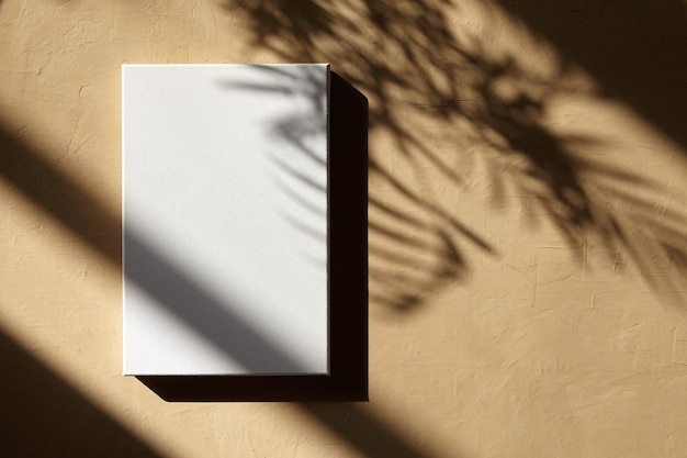 Blank canvas hanging on wall with shadows Mockup empty quote board white canvas with copy space