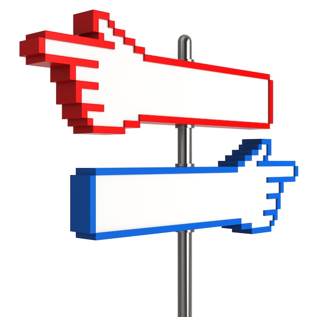 blank pixel hand signpost. digitally generated image isolated on white background. 3d rendering