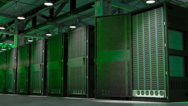Blinkende grønt lys i lagerhal med cloud datalagringsservere, 3D-rendering