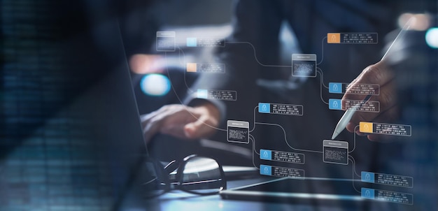 Blockchain financial technology to secure cryptocurrencies for online payment and digital transaction Fintech concept with encrypted ledger block chain Man working on computer and block encryption