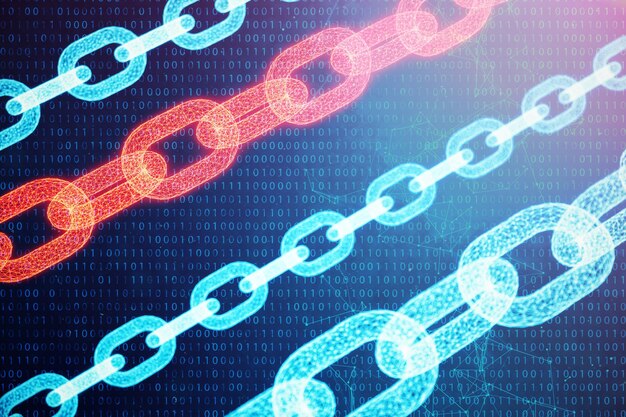 Blockchain-koncept, digital blockchain-teknologi. Kryptovaluta, koncept for digital kode. Røde kædeledsnetværk. Lavt polygonalt gitter af trekanter, der lyser i blåt priknetværk, 3D illustration