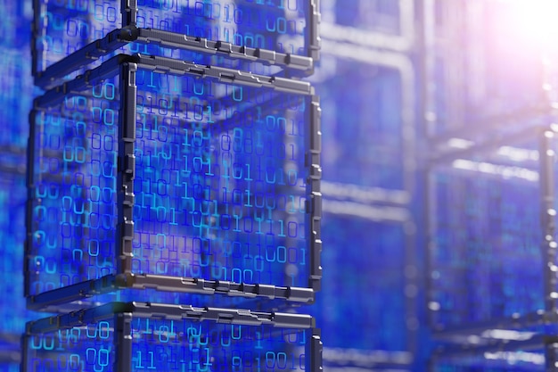 Blockchain Network Data Stream Cube with binary code Abstract tech background Abstract space background Digital technology background Computer code 3d rendering
