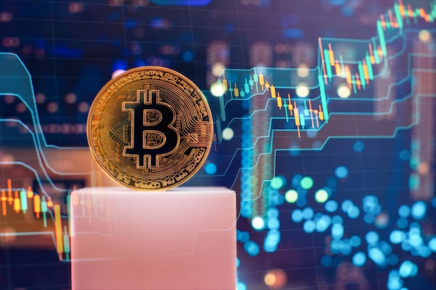 Blockchain technology bitcoin mining concept Bitcoin golden coin on computer circuit board banner copy space
